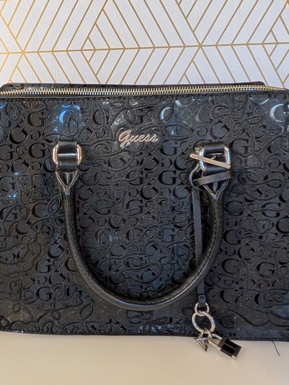Black Guess Logo Pattern Handbag